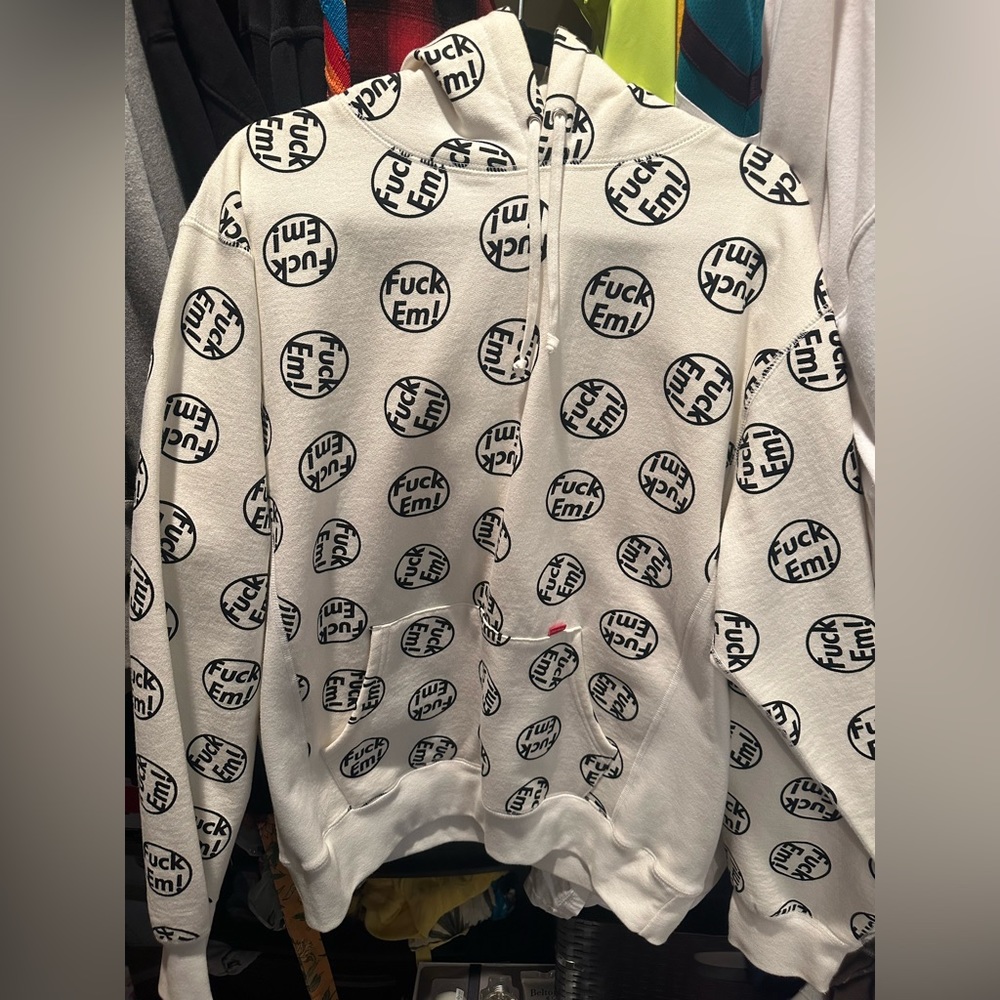 Supreme XL fxck em! Hoodie. white/cream colored with black letters.